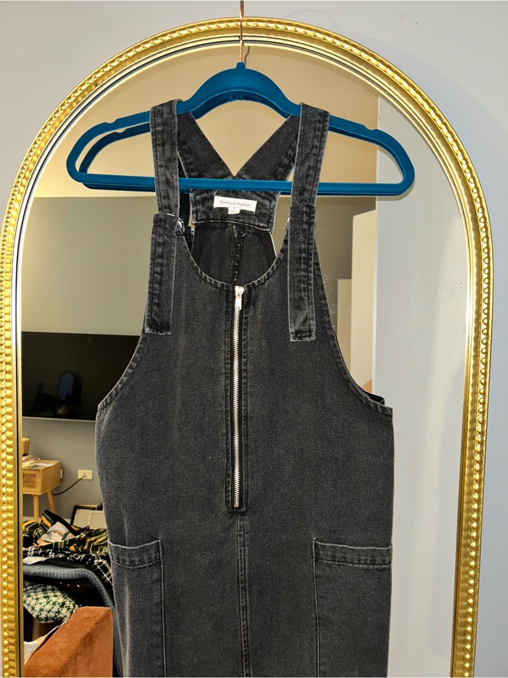 Retro Black Denim Overall Jeans Dress with Front Zip
